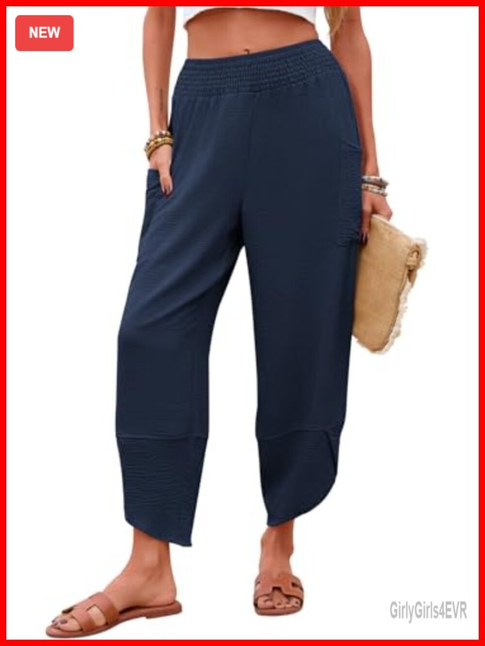 Womens Palazzo Capri Pants Smocked Waist Wide Leg Cropped Pockets